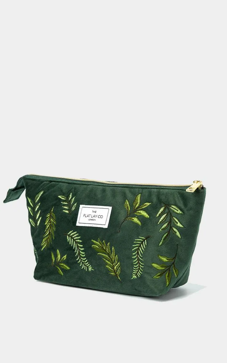 PrettyLittleThing Stocking Stuffers*The Flat Lay Co. Essential Pouch Makeup Bag in Embroidered Leaves Green Velvet