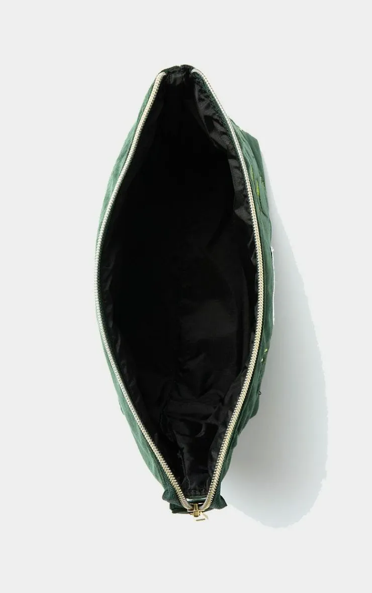 PrettyLittleThing Stocking Stuffers*The Flat Lay Co. Essential Pouch Makeup Bag in Embroidered Leaves Green Velvet