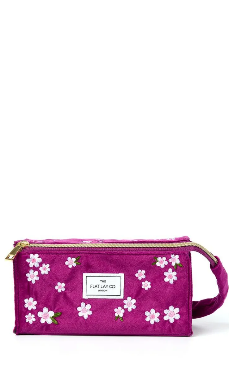 PrettyLittleThing Makeup Brushes & Tools*The Flat Lay Co. Open Flat Box Makeup Bag in Embroidered Daisy Velvet