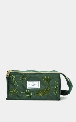 PrettyLittleThing Christmas Shop*The Flat Lay Co. Open Flat Box Makeup Bag in Embroidered Leaves Green Velvet