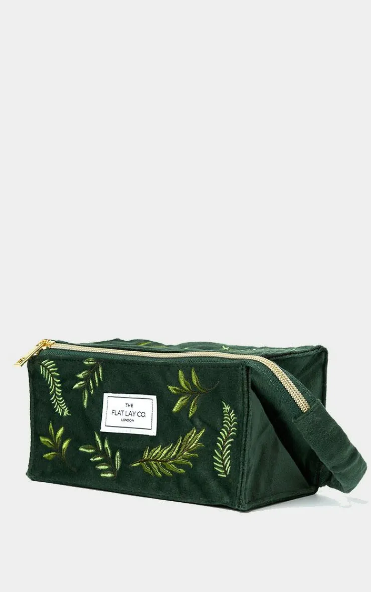 PrettyLittleThing Christmas Shop*The Flat Lay Co. Open Flat Box Makeup Bag in Embroidered Leaves Green Velvet