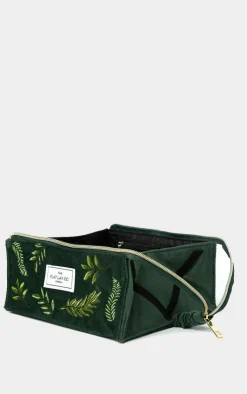 PrettyLittleThing Christmas Shop*The Flat Lay Co. Open Flat Box Makeup Bag in Embroidered Leaves Green Velvet