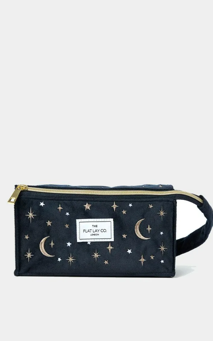 PrettyLittleThing Christmas Shop*The Flat Lay Co. Open Flat Box Makeup Bag in Embroidered Celestial Blue Velvet