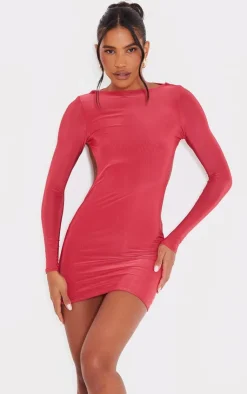 Tomato Red Slinky Long Sleeve Open Twist Back Mini Dress-PrettyLittleThing New