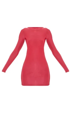 Tomato Red Slinky Long Sleeve Open Twist Back Mini Dress-PrettyLittleThing New