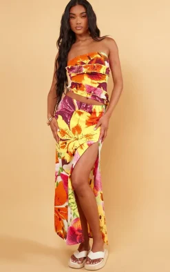 Sale PrettyLittleThing Floral Print Frill Maxi Skirt Tropical