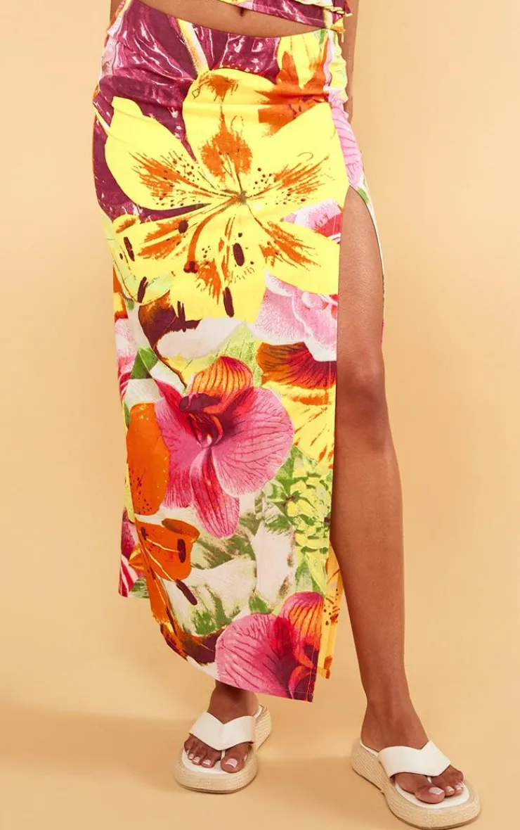 Sale PrettyLittleThing Floral Print Frill Maxi Skirt Tropical