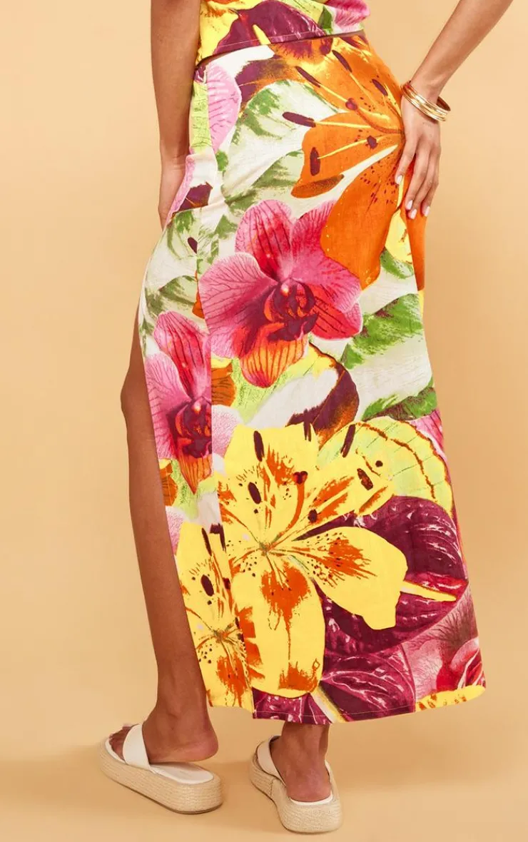 Sale PrettyLittleThing Floral Print Frill Maxi Skirt Tropical