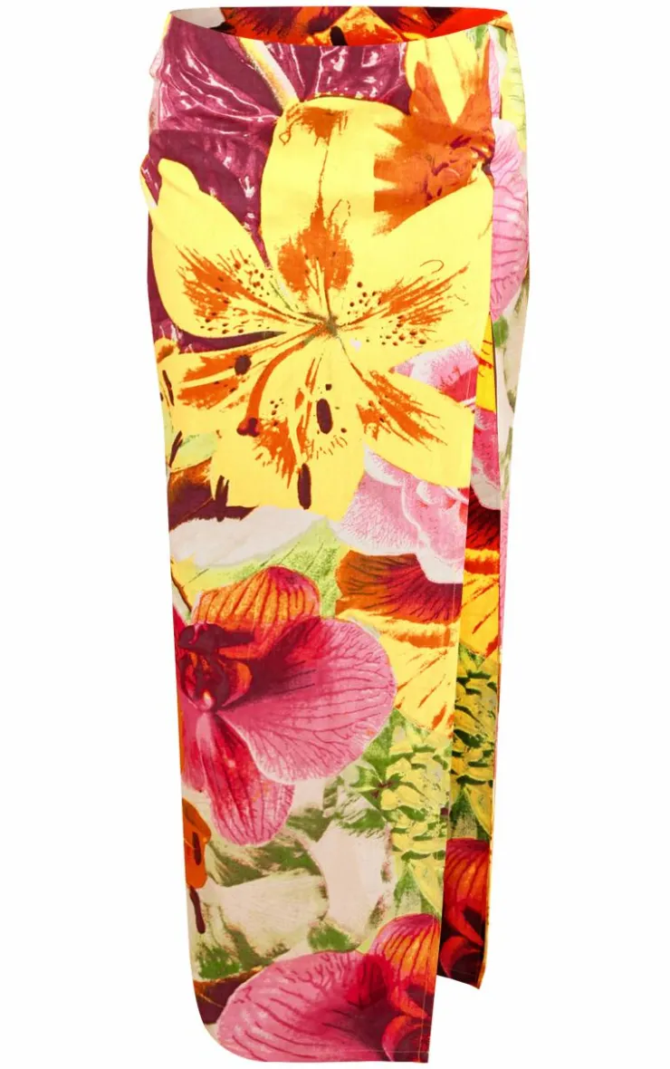 Sale PrettyLittleThing Floral Print Frill Maxi Skirt Tropical