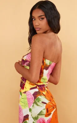 Clearance PrettyLittleThing Floral Print Longline Bandeau Frill Top Tropical