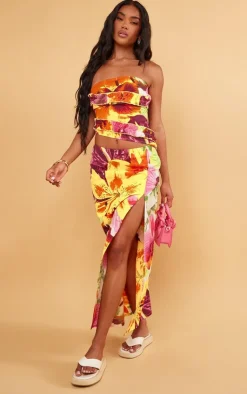 Clearance PrettyLittleThing Floral Print Longline Bandeau Frill Top Tropical