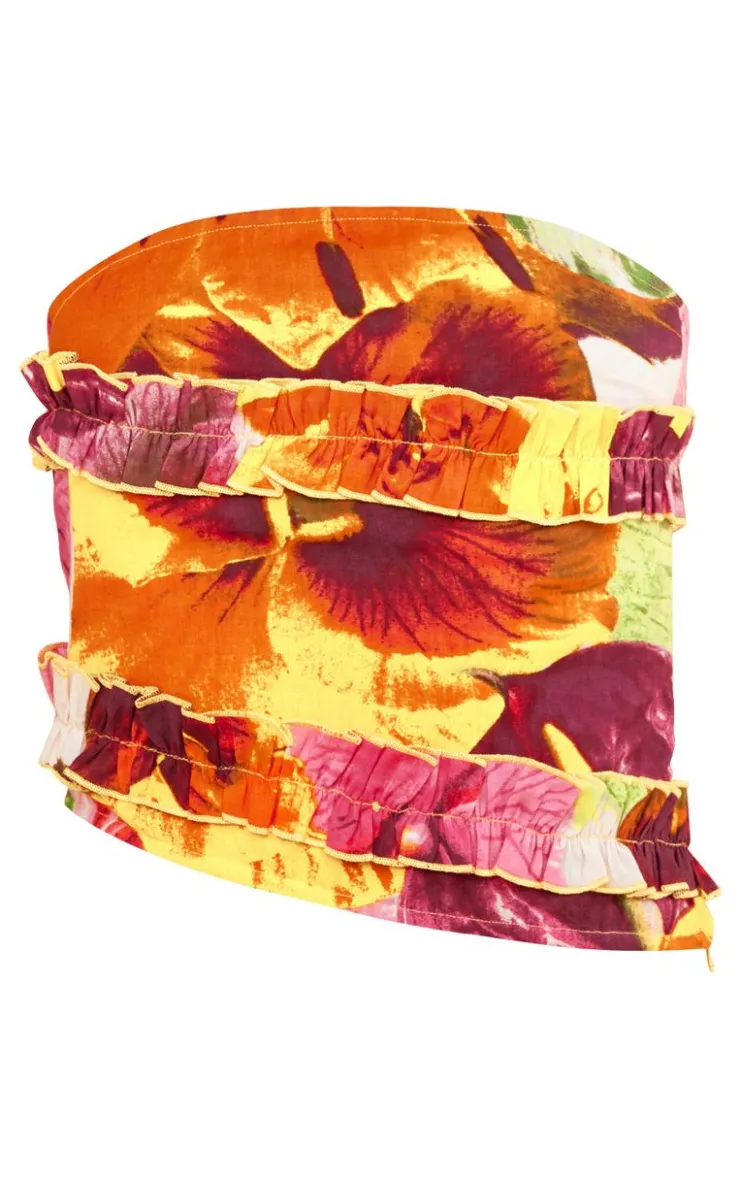 Clearance PrettyLittleThing Floral Print Longline Bandeau Frill Top Tropical