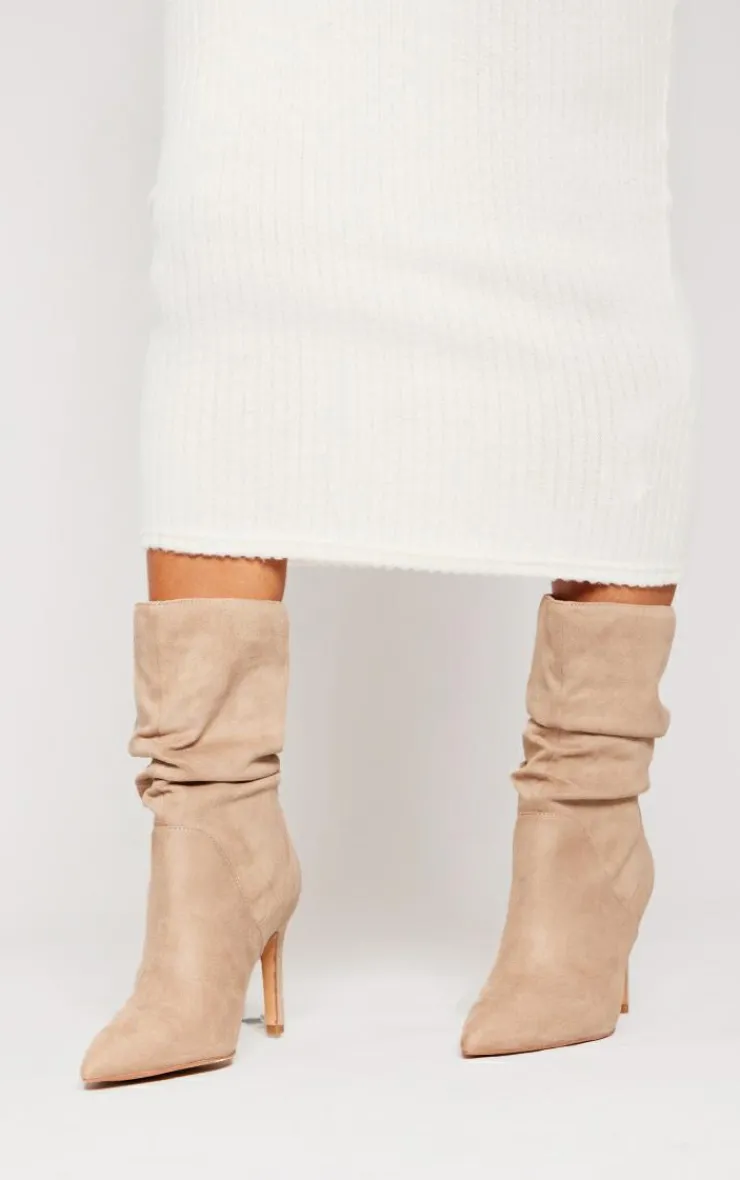 PrettyLittleThing High Heels*Faux Suede Point Toe Ruched High Heeled Ankle Boots
