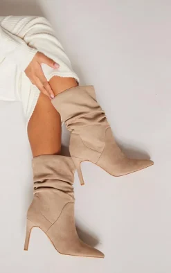 PrettyLittleThing High Heels*Faux Suede Point Toe Ruched High Heeled Ankle Boots