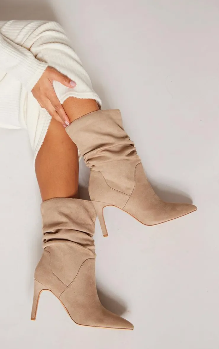 PrettyLittleThing High Heels*Faux Suede Point Toe Ruched High Heeled Ankle Boots