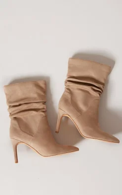 PrettyLittleThing High Heels*Faux Suede Point Toe Ruched High Heeled Ankle Boots