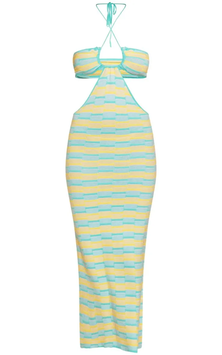 Contrast Textured Knit Cut Out Halterneck Maxi Dress-PrettyLittleThing Best
