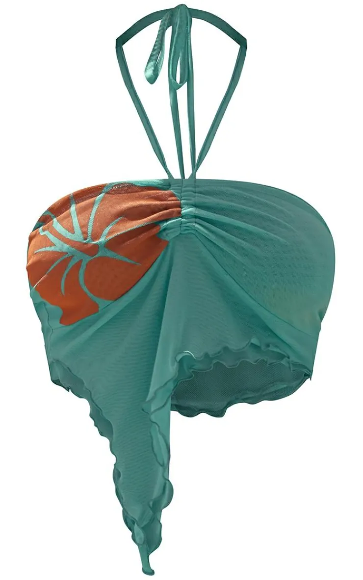 New PrettyLittleThing Floral Print Mesh Bandeau Frill Top Turquoise