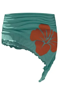 Sale PrettyLittleThing Floral Print Mesh Asymmetrical Hem Mini Skirt Turquoise