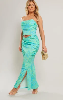 Clearance PrettyLittleThing Floral Print Woven Drape Front Midaxi Skirt Turquoise