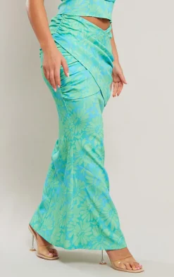 Clearance PrettyLittleThing Floral Print Woven Drape Front Midaxi Skirt Turquoise