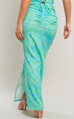 Clearance PrettyLittleThing Floral Print Woven Drape Front Midaxi Skirt Turquoise