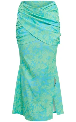 Clearance PrettyLittleThing Floral Print Woven Drape Front Midaxi Skirt Turquoise