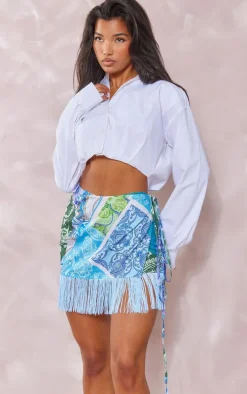 Turquoise Patchwork Print Tassel Hem Wrap Mini Skirt