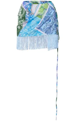 Turquoise Patchwork Print Tassel Hem Wrap Mini Skirt
