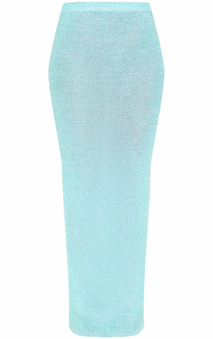 Turquoise Sequin Knit Side Split Maxi Skirt