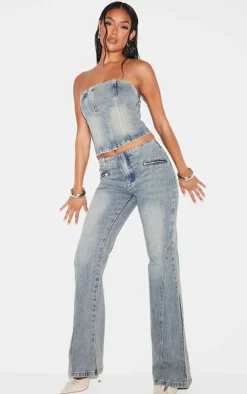 New PrettyLittleThing Asymmetric Waistband Jet Zip Detail Flared Jeans Vintage