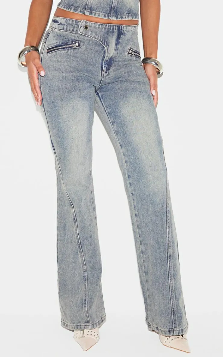 New PrettyLittleThing Asymmetric Waistband Jet Zip Detail Flared Jeans Vintage