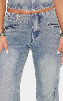 New PrettyLittleThing Asymmetric Waistband Jet Zip Detail Flared Jeans Vintage