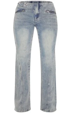 New PrettyLittleThing Asymmetric Waistband Jet Zip Detail Flared Jeans Vintage