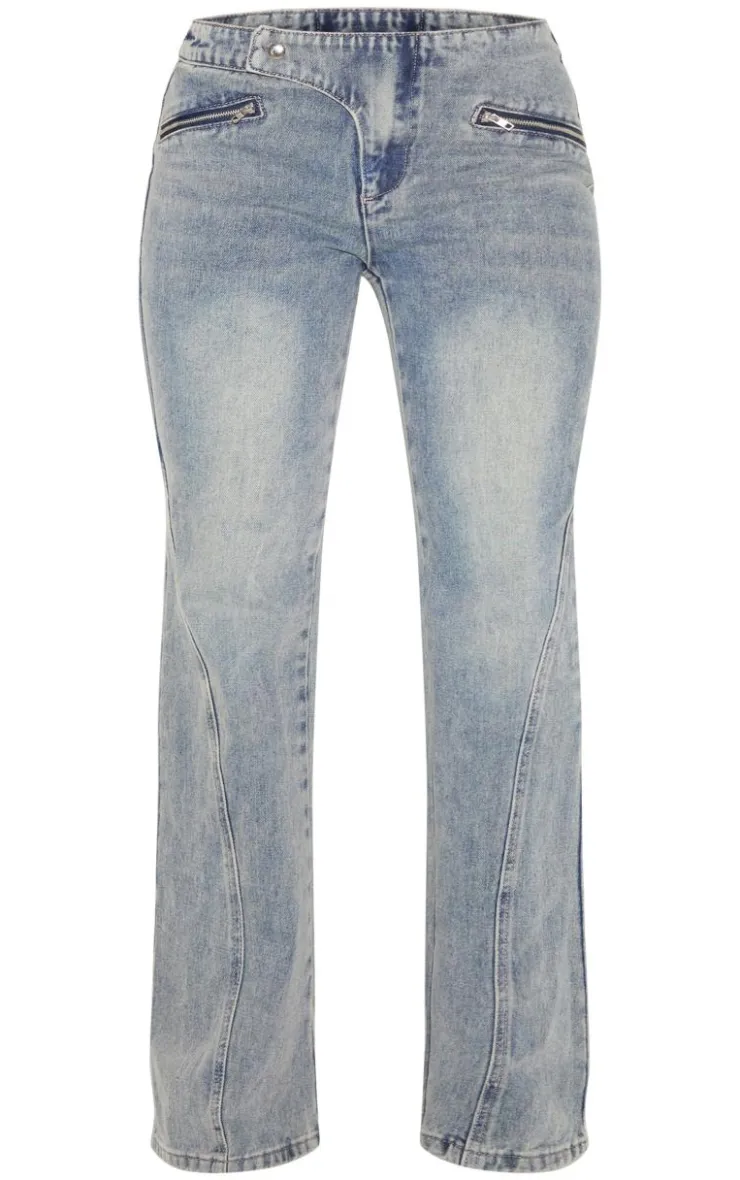 New PrettyLittleThing Asymmetric Waistband Jet Zip Detail Flared Jeans Vintage