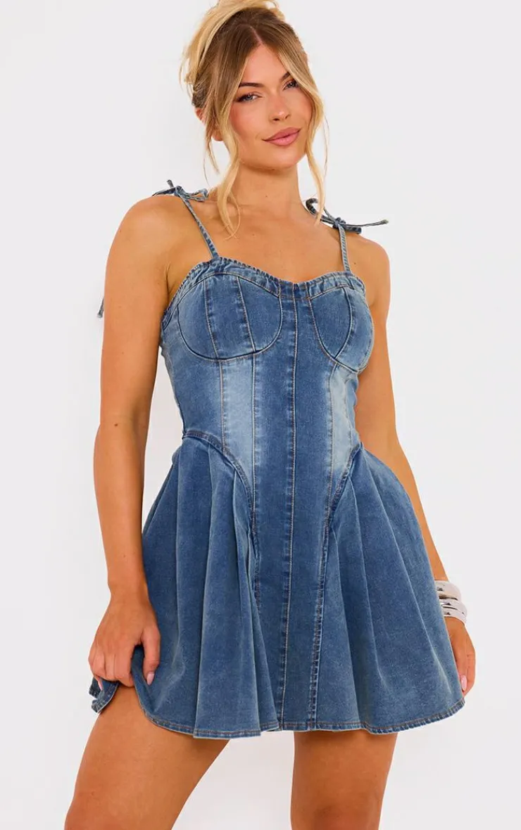Binding Detail Denim Skater Mini Dress-PrettyLittleThing Clearance