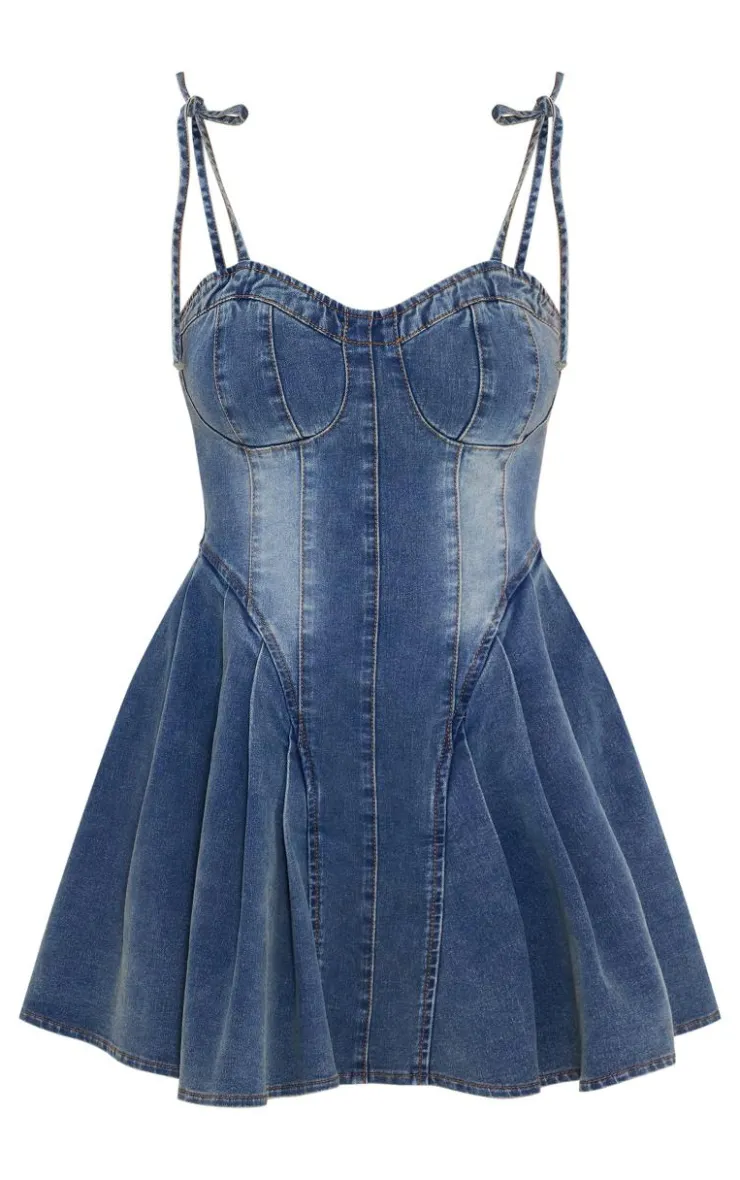 Binding Detail Denim Skater Mini Dress-PrettyLittleThing Clearance