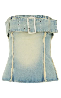 Best PrettyLittleThing Distressed Seam Bandeau Top Vintage Bleach Wash