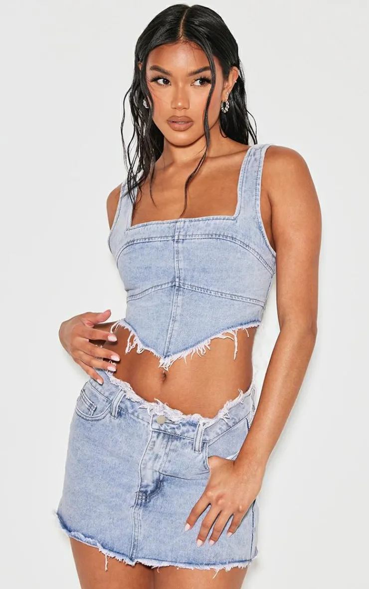PrettyLittleThing Corsets*Bleach Wash Raw Hem Denim Corset