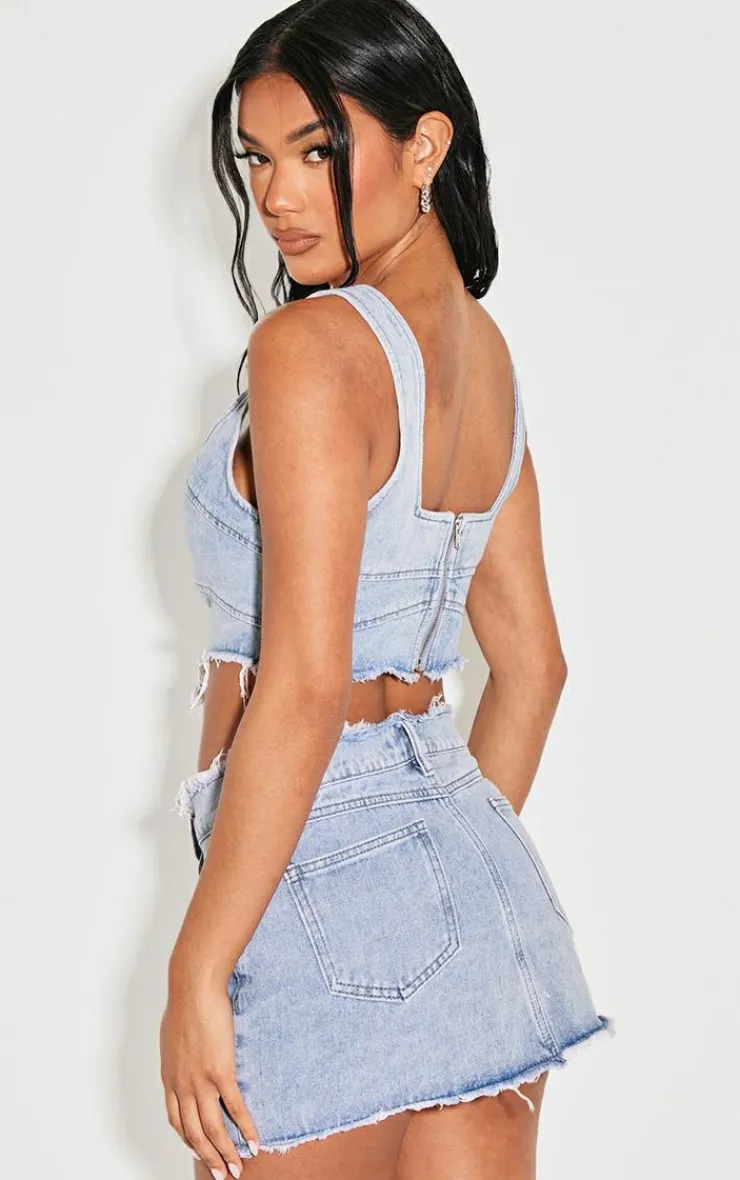 PrettyLittleThing Corsets*Bleach Wash Raw Hem Denim Corset