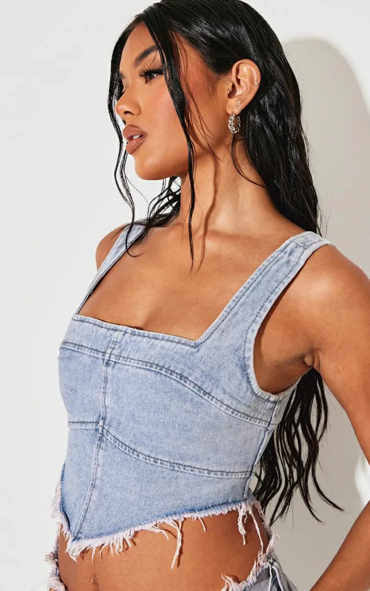 PrettyLittleThing Corsets*Bleach Wash Raw Hem Denim Corset