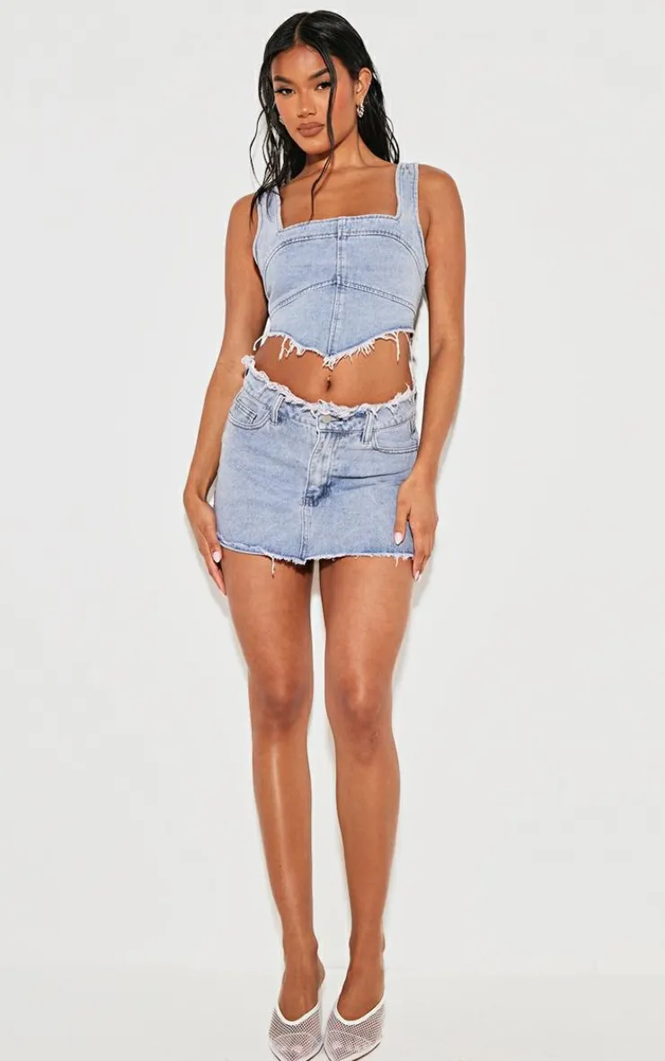 PrettyLittleThing Bleach Wash Raw Hem Denim Mini Skirt Vintage
