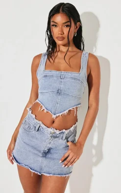 PrettyLittleThing Bleach Wash Raw Hem Denim Mini Skirt Vintage