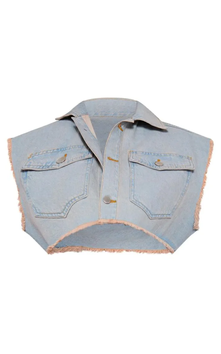 Vintage Bleach Wash Sleeveless Raw Edge Cropped Denim Jacket