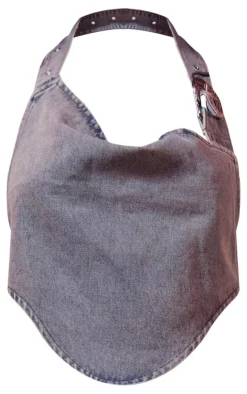 Best PrettyLittleThing Blue Wash Buckle Detail Western Style Denim Top Vintage