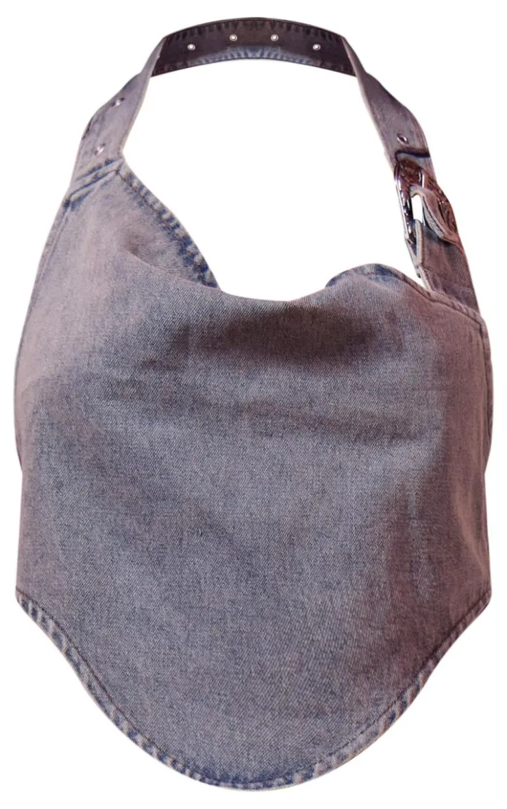 Best PrettyLittleThing Blue Wash Buckle Detail Western Style Denim Top Vintage