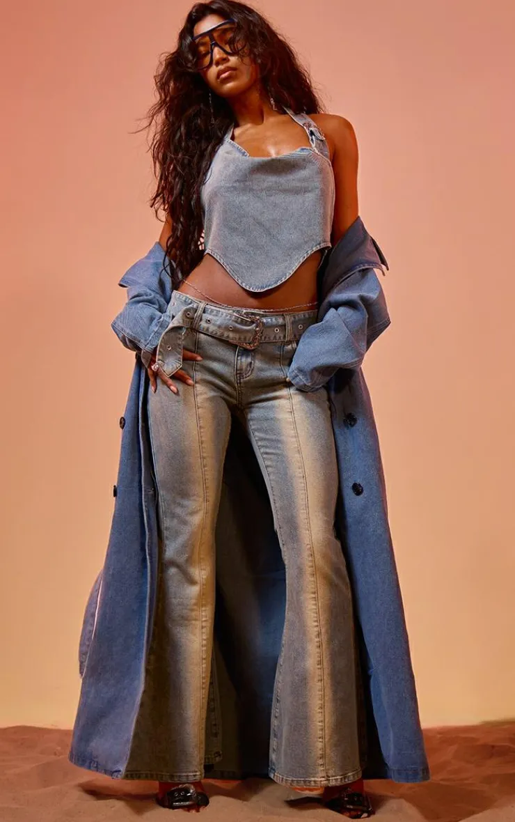 Discount PrettyLittleThing Vintage Blue Wash Buckle Detail Western Style Flared Jeans Vintage Wash