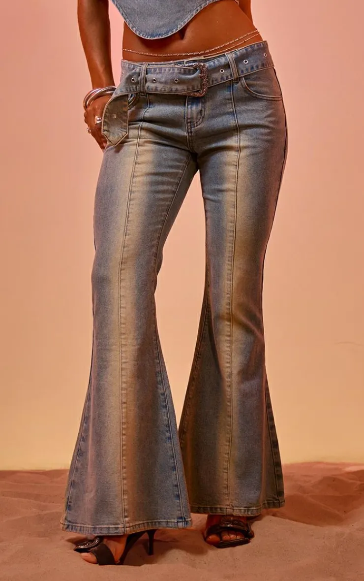 Discount PrettyLittleThing Vintage Blue Wash Buckle Detail Western Style Flared Jeans Vintage Wash