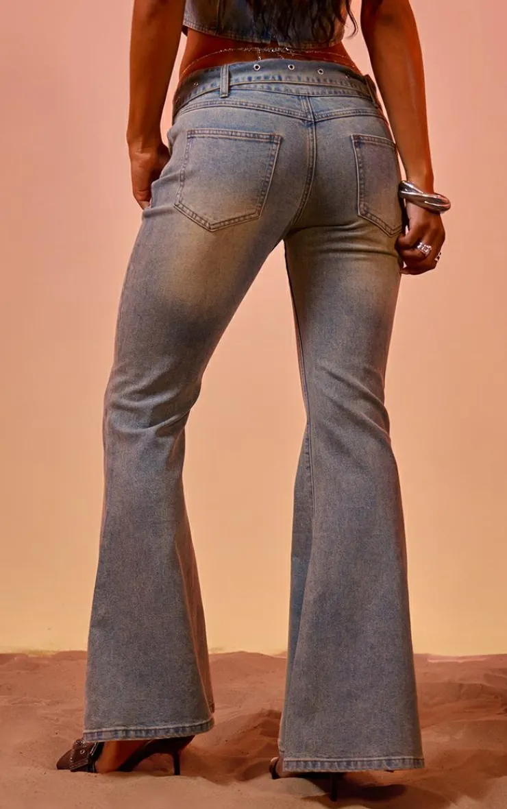 Discount PrettyLittleThing Vintage Blue Wash Buckle Detail Western Style Flared Jeans Vintage Wash