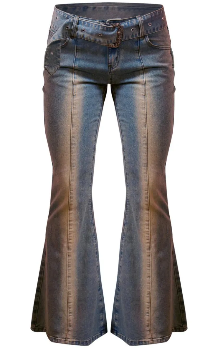 Discount PrettyLittleThing Vintage Blue Wash Buckle Detail Western Style Flared Jeans Vintage Wash